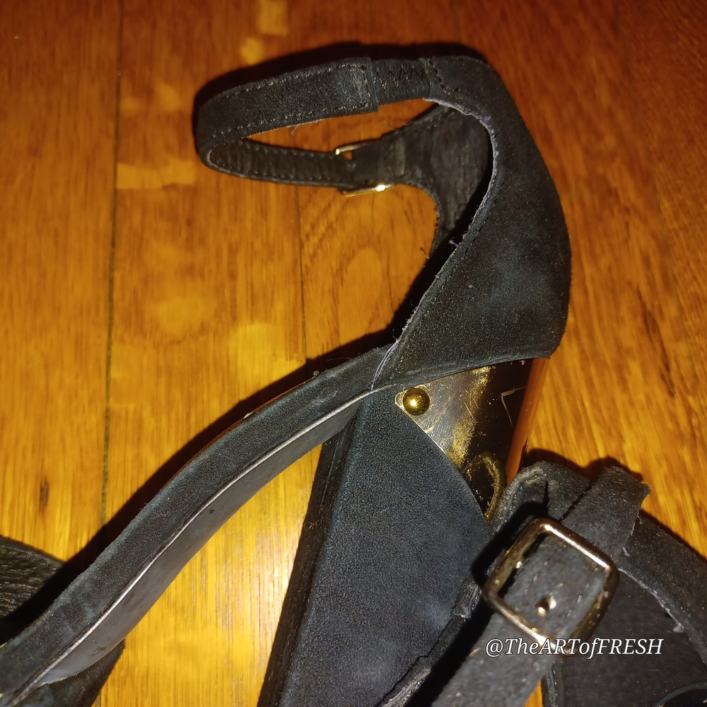 Black Suede Block Heels with Gold Accents - Picture 14 of 16